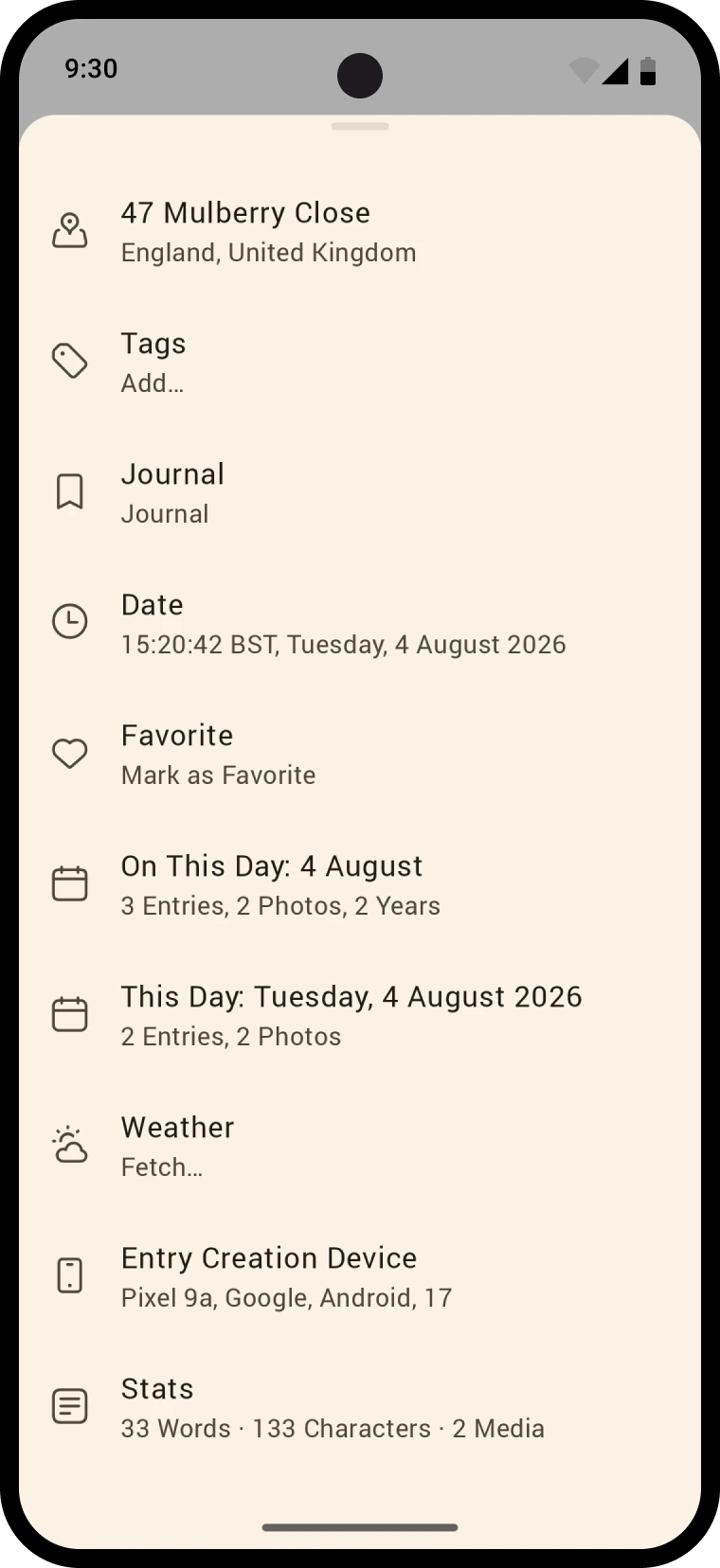 Entry details in a Material sheet