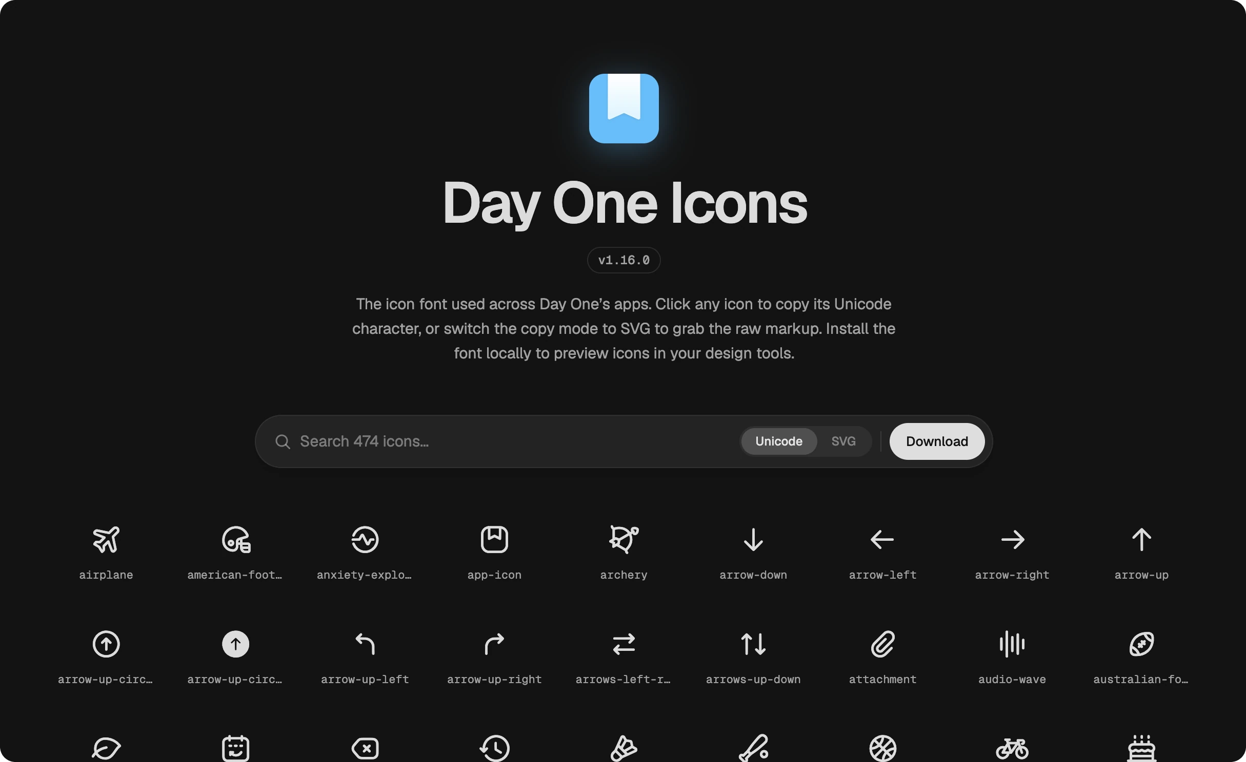The icon reference page in dark mode