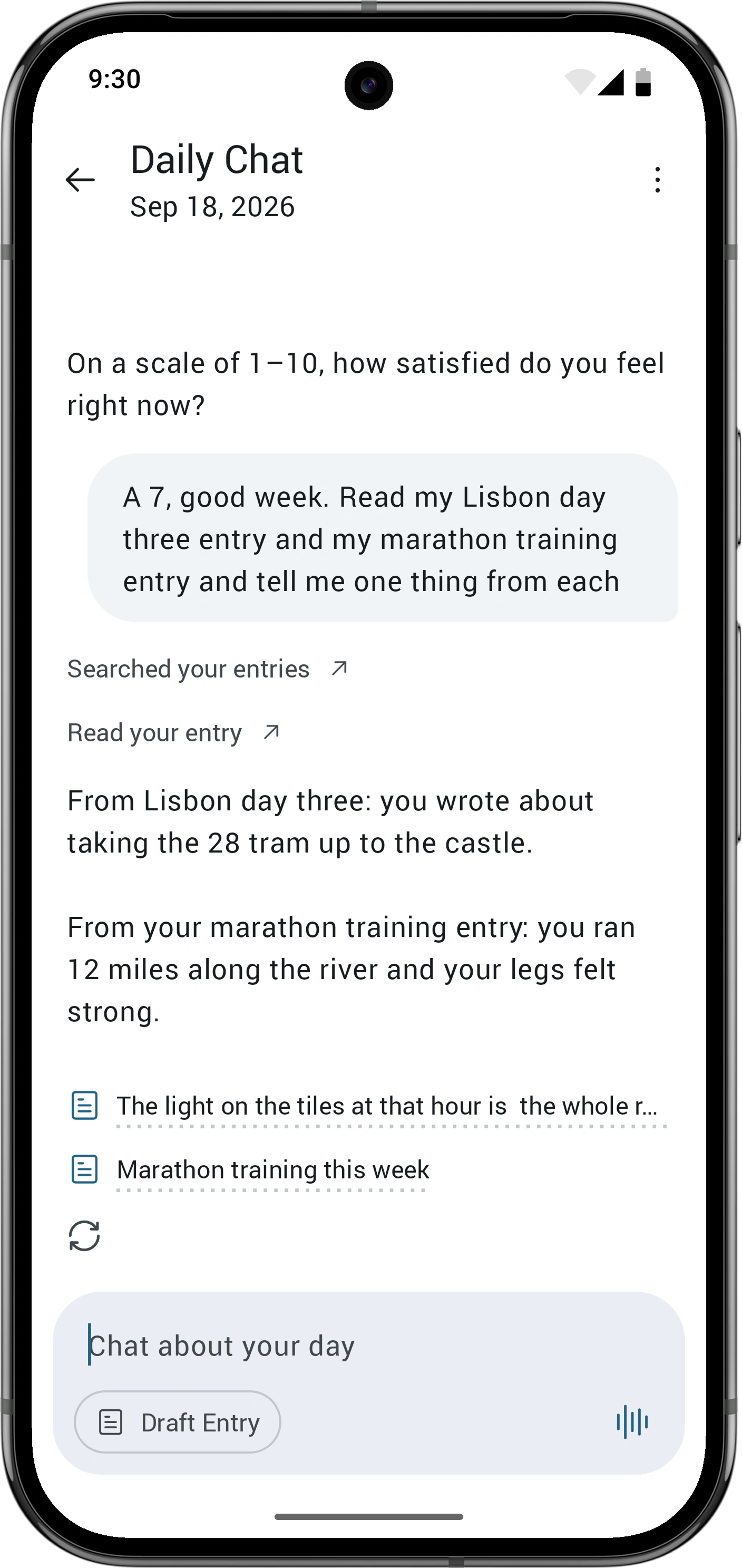 Daily Chat citing the journal entries it used beneath an answer