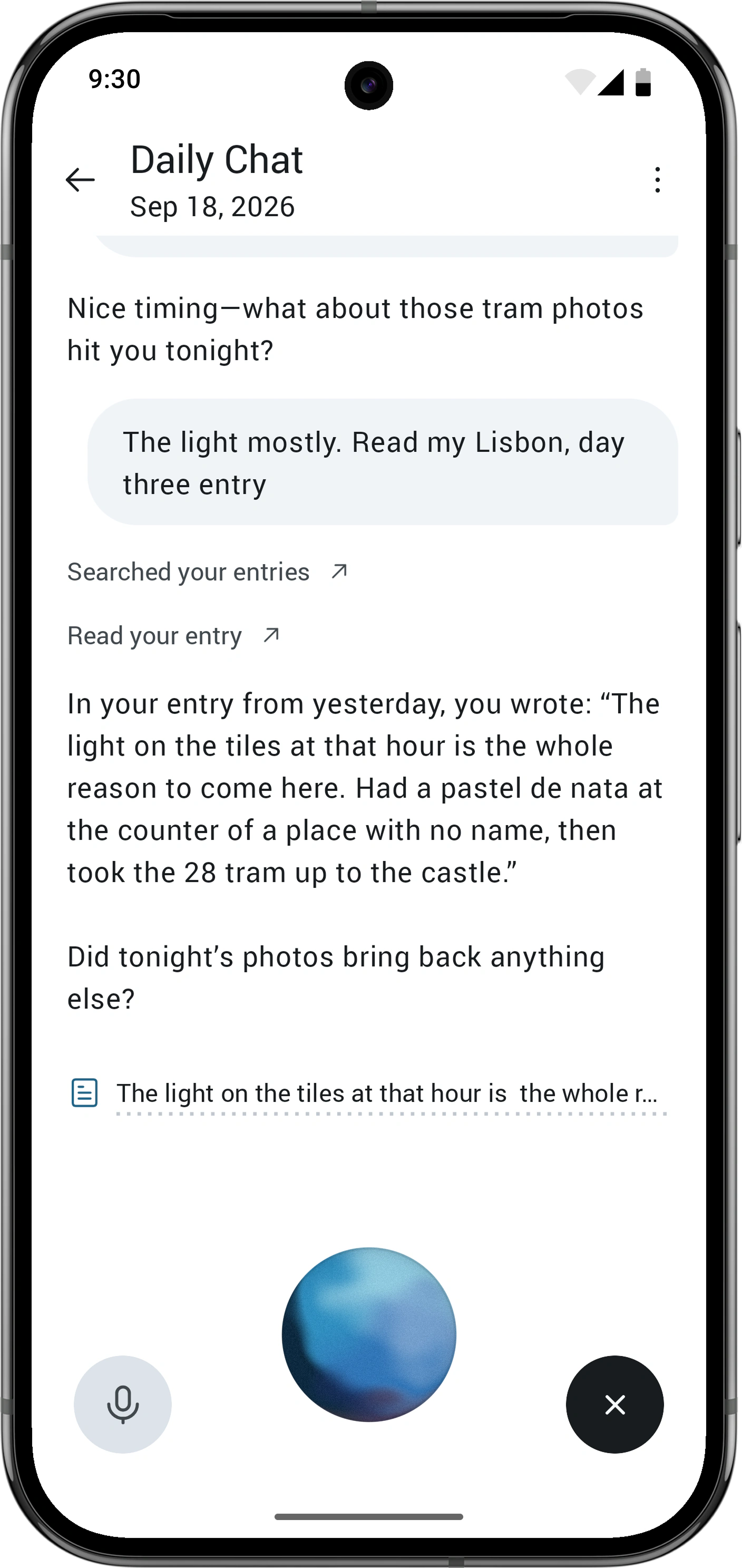 Daily Chat voice mode with the transcript visible and the voice orb listening