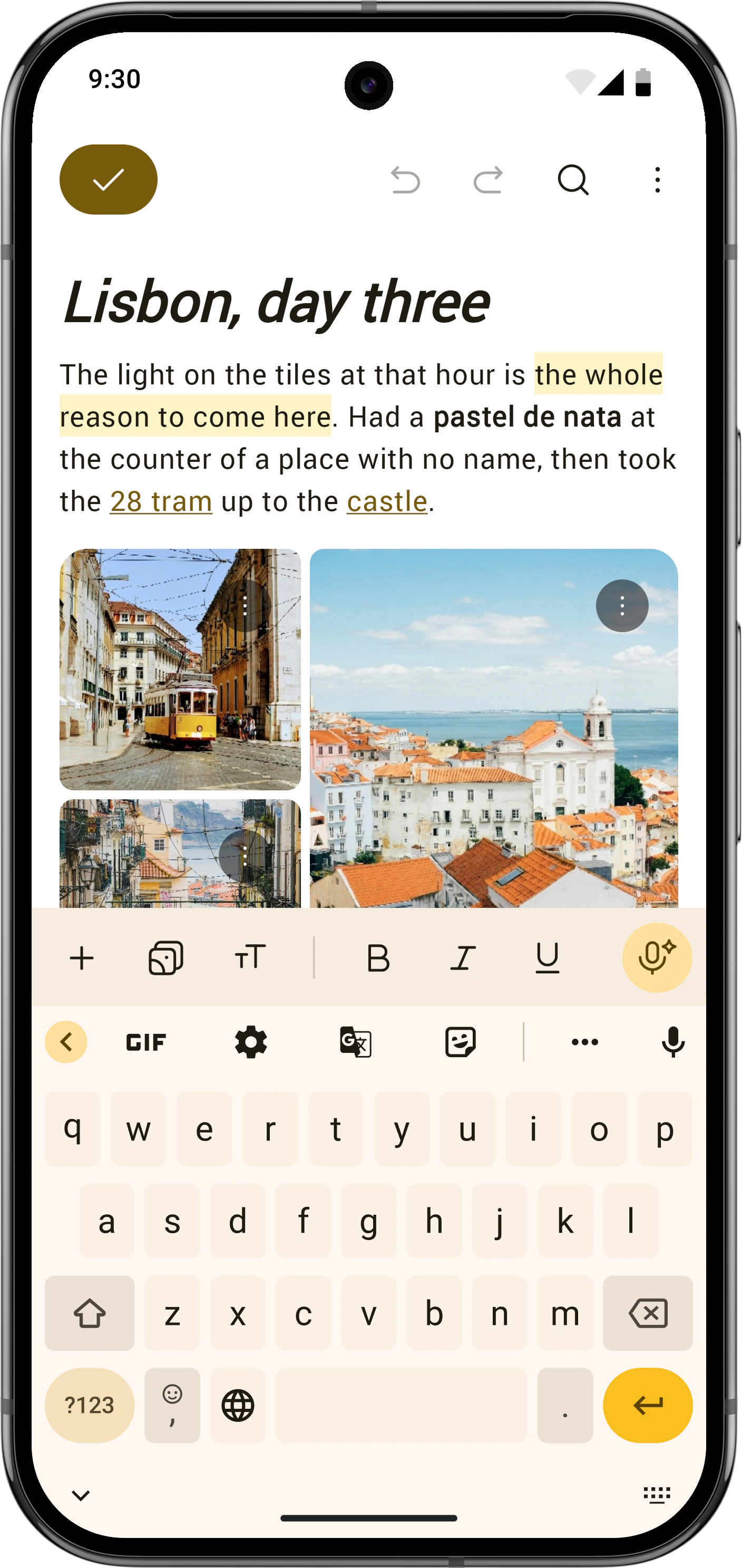 Day One’s native Android editor with a formatted journal entry and photos