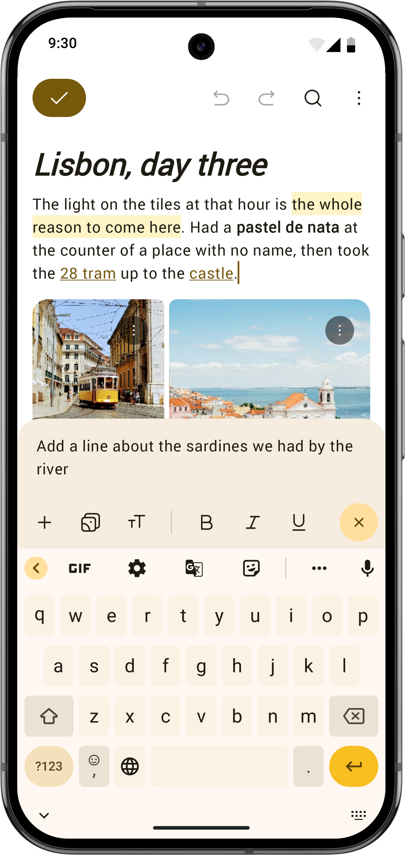 Voice mode showing the command to add a line about sardines by the river above the editor toolbar