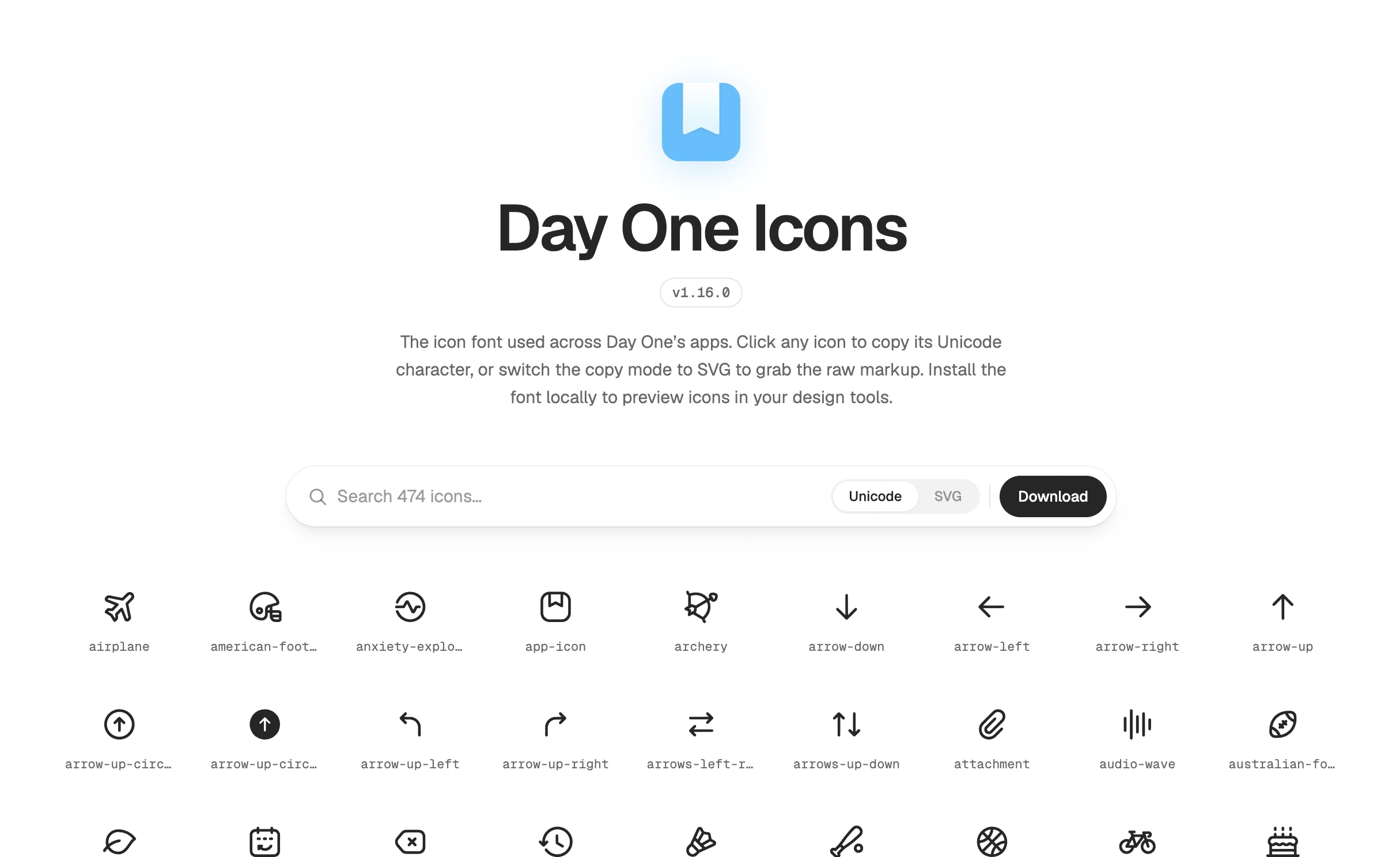 Day One’s icon library with search and Unicode and SVG copy options