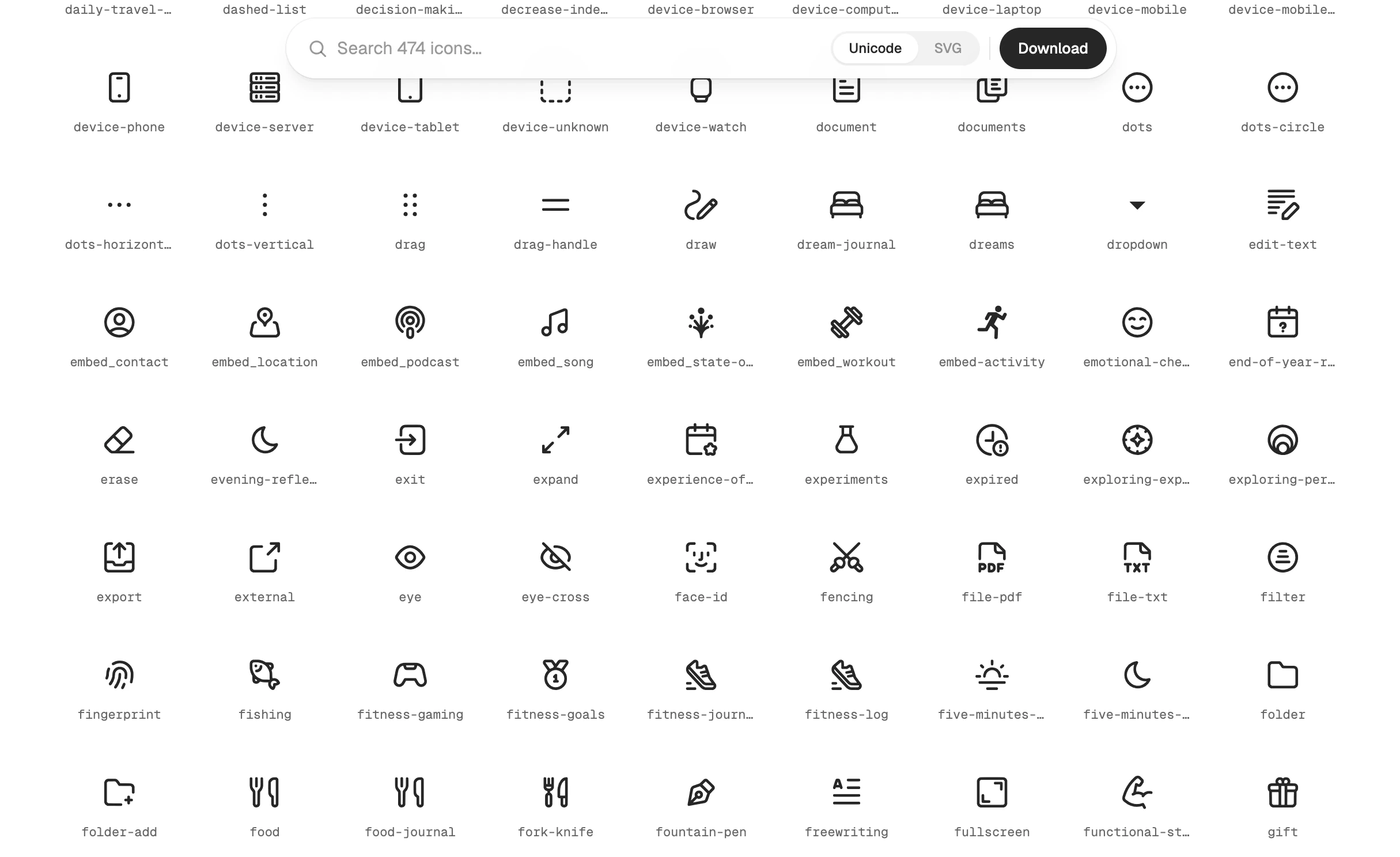 A grid of Day One icons with the search and copy controls kept visible while scrolling