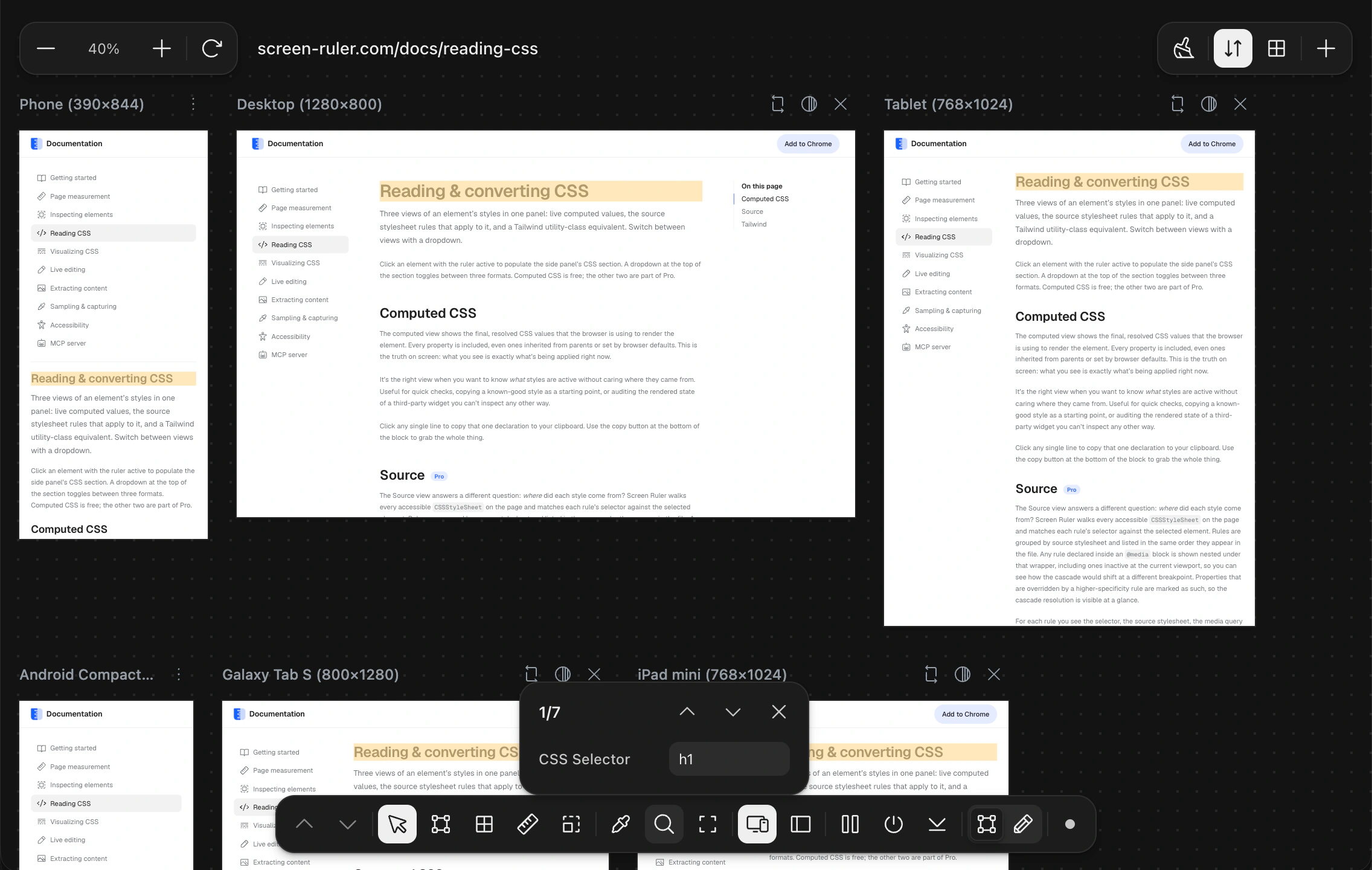 Find mode in Screen Ruler’s responsive workspace