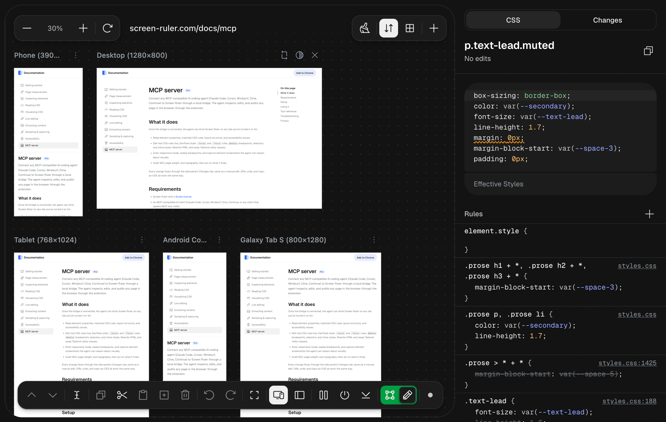 Editing CSS in Screen Ruler’s responsive workspace