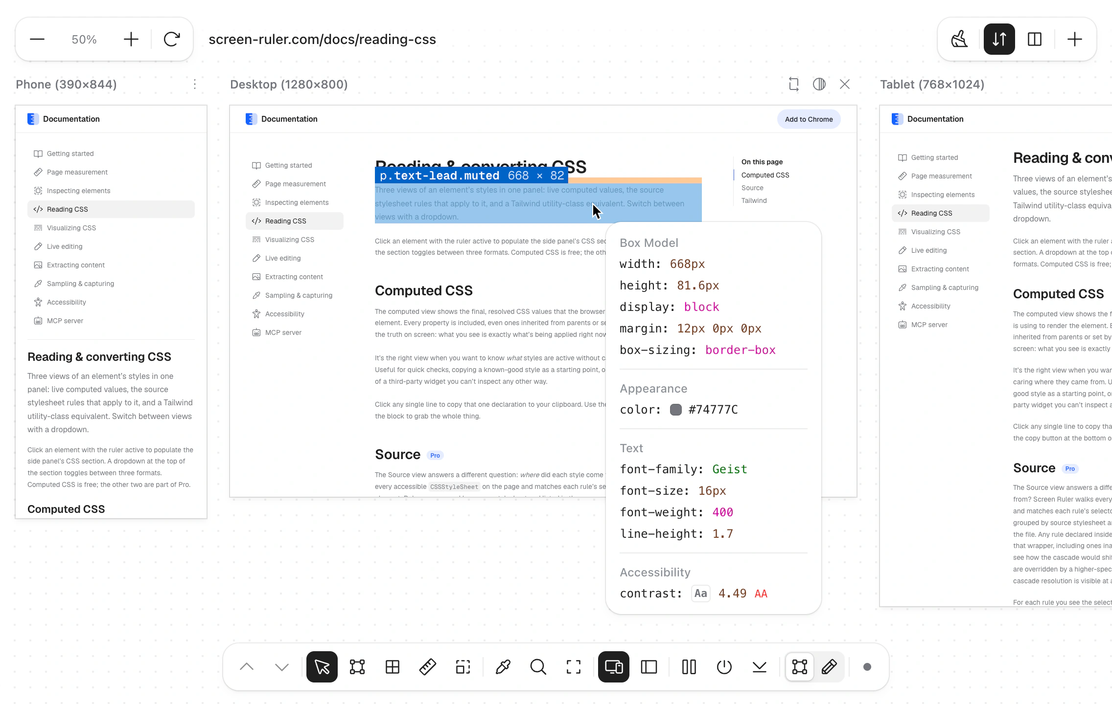 Floating inspector over scaled responsive viewports