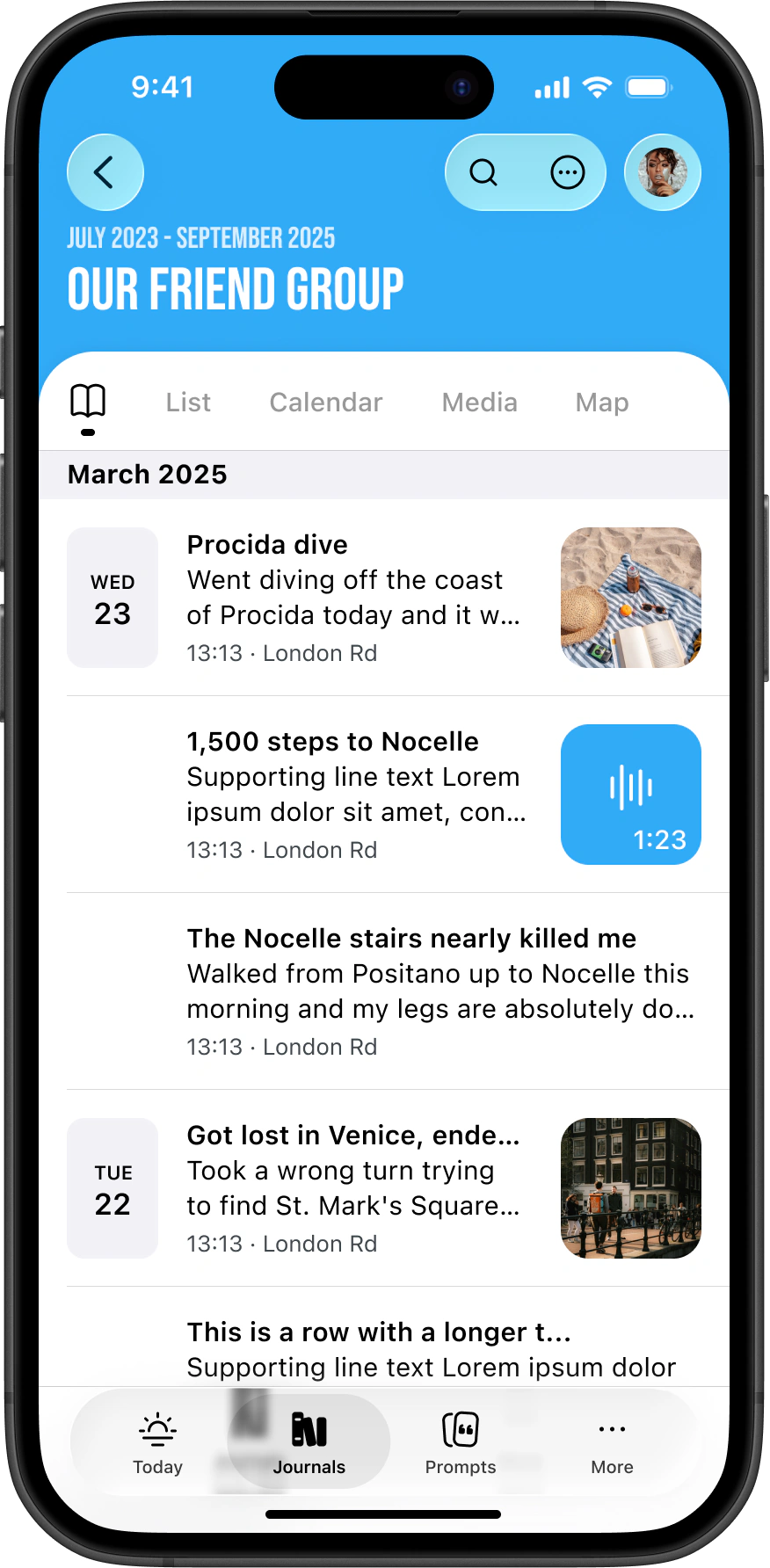 A shared journal timeline with entries from several people