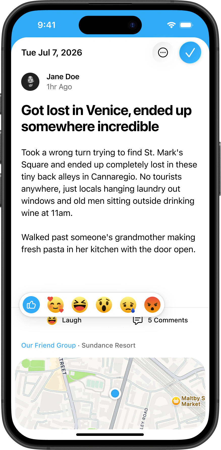 An entry with an emoji reaction picker and a link to its comments