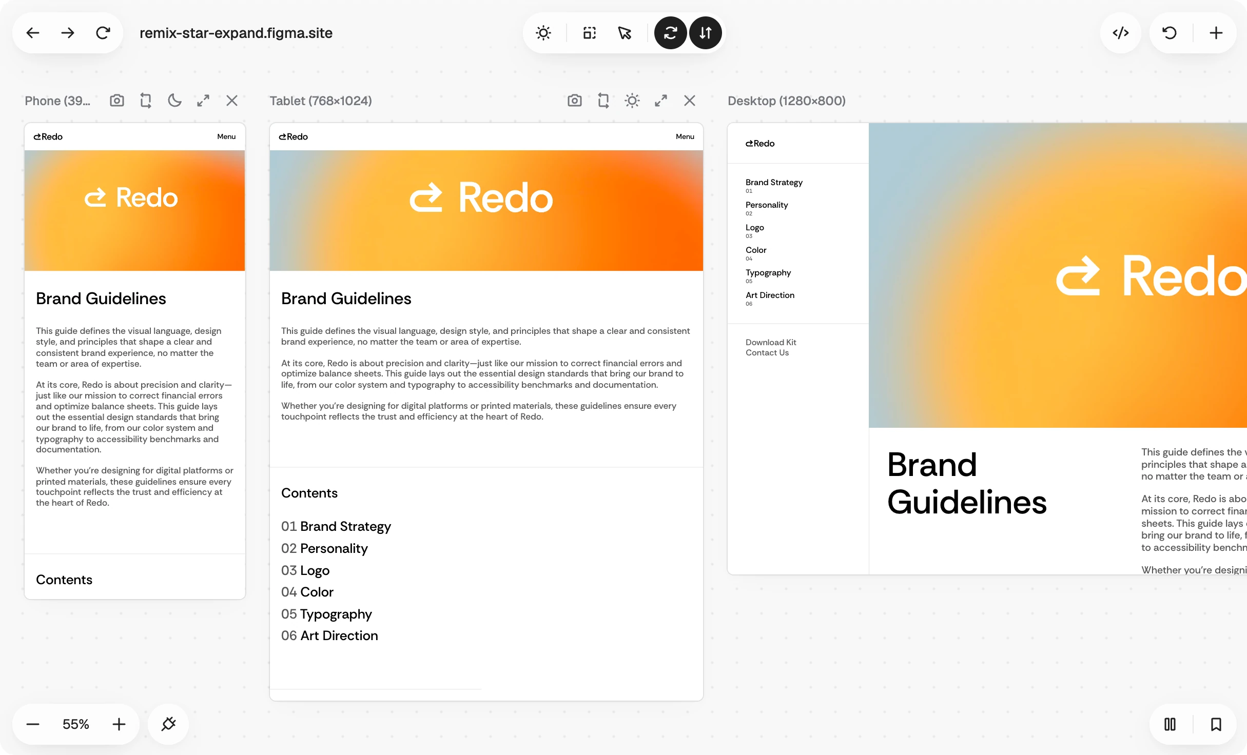 A row of synced viewports showing the same page at phone, tablet, and desktop sizes