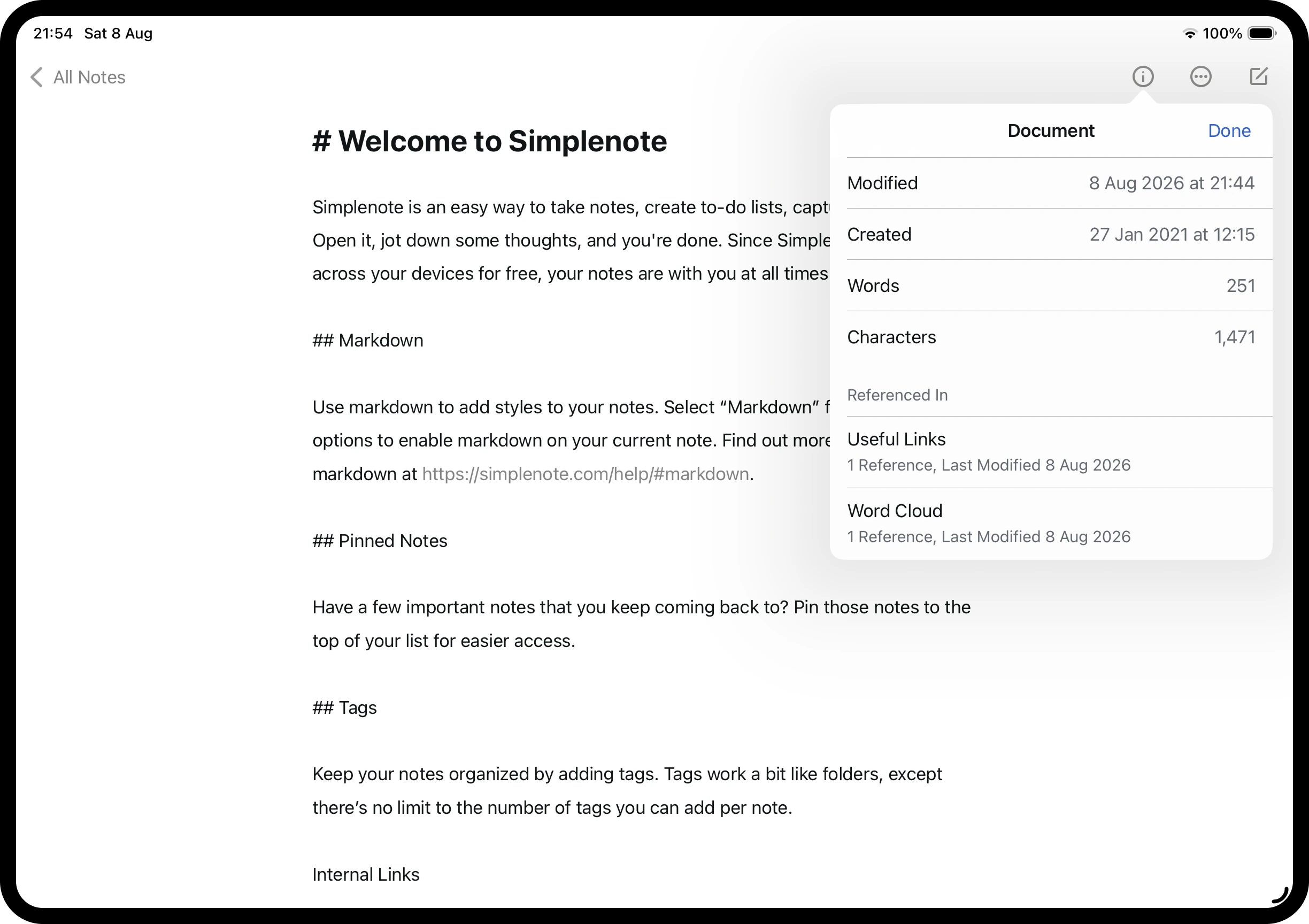 The document information popover on iPad, showing references from other notes