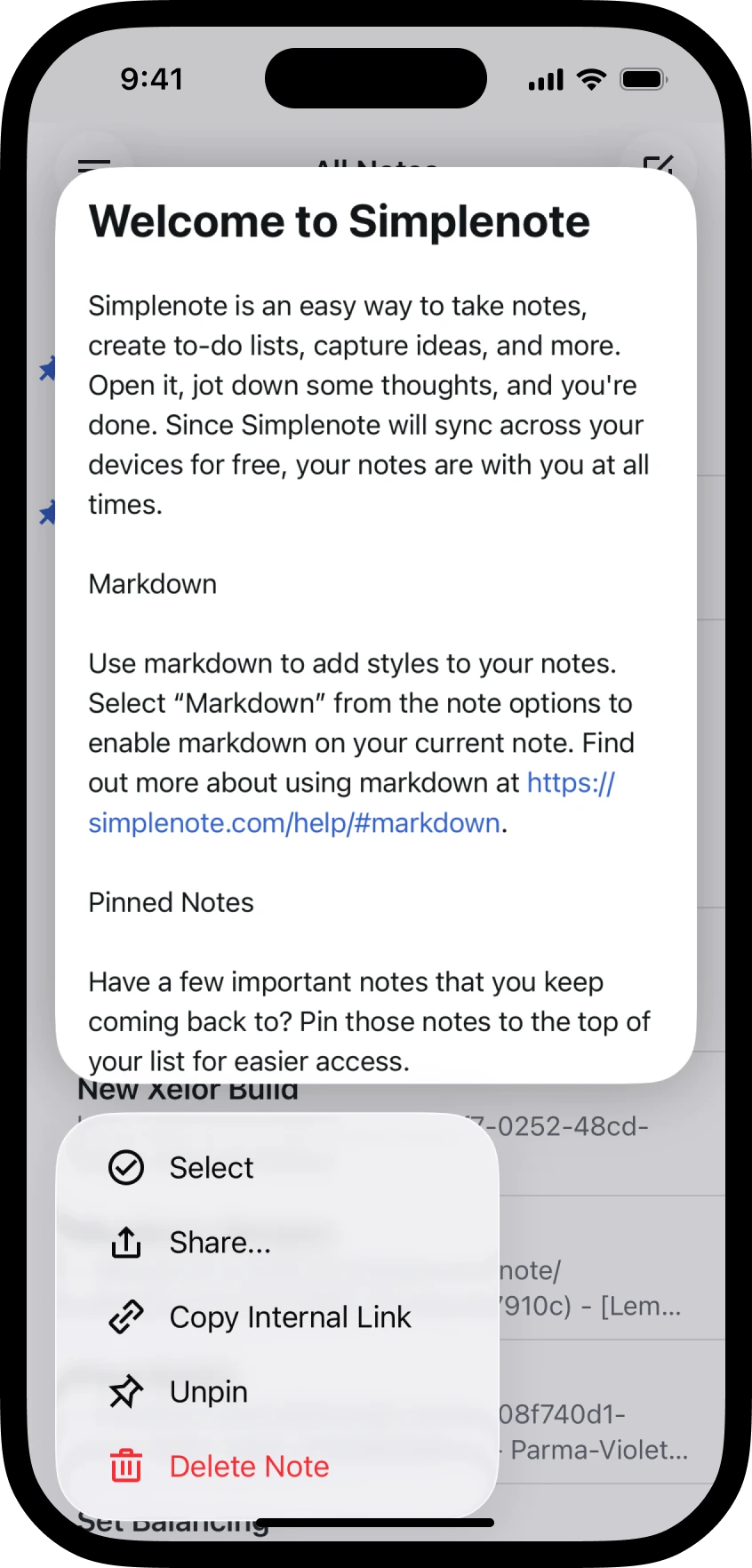 Long-pressing a note to preview it, with Select in the menu