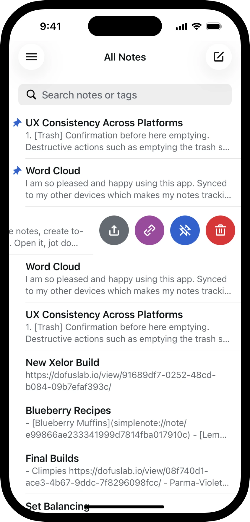 Swipe actions revealed on a note row