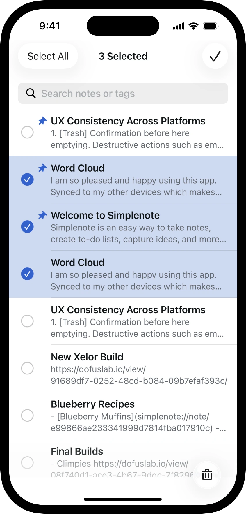 Edit mode with three notes selected
