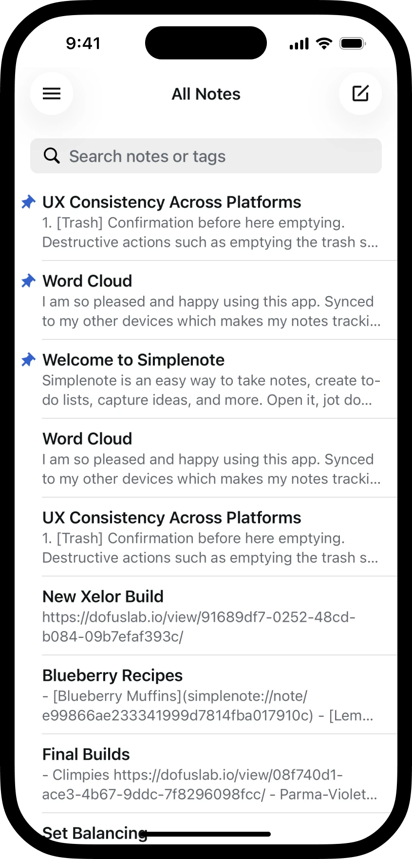 The Simplenote notes list with the new note button in the navigation bar
