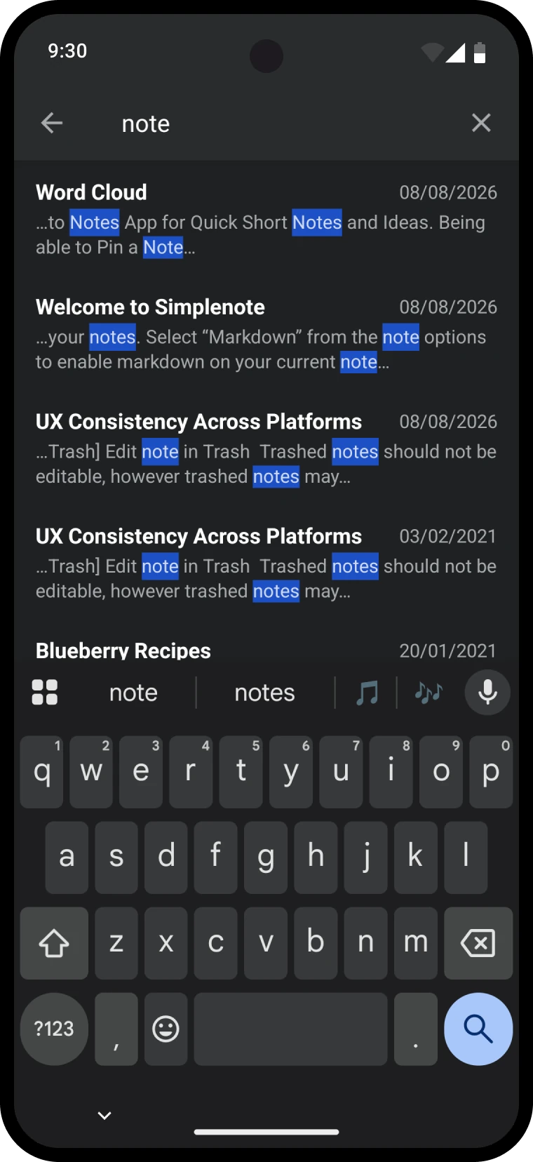 Search results with matches highlighted